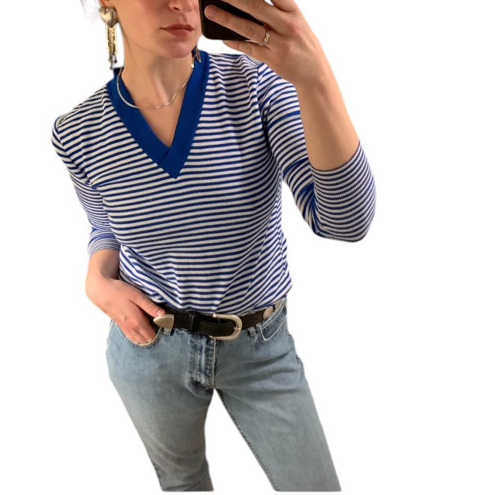 VTG Blue White Stripe V Neck Knit Pullover Sweater Jumper Academia Prep XS S M - Picture 2 of 16